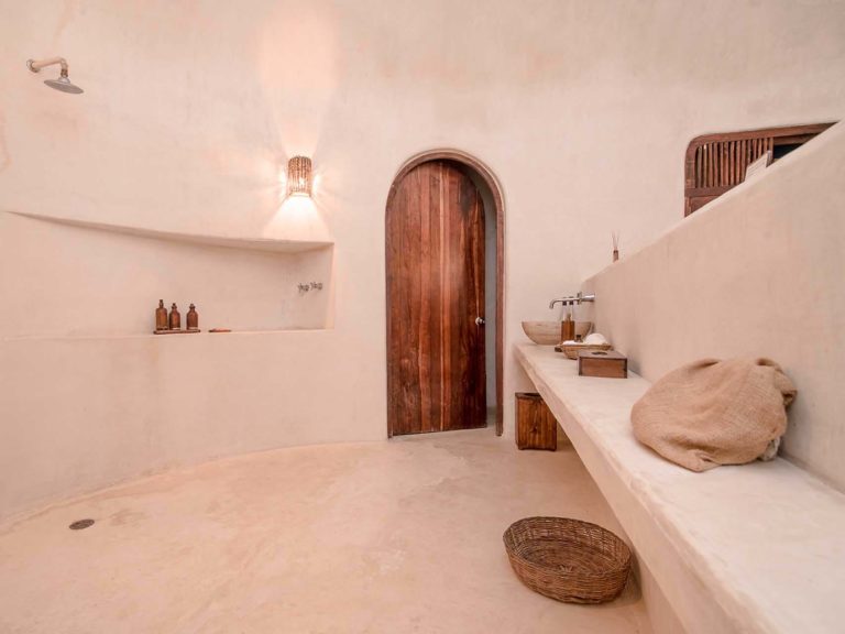 Casita jungle view - large bathroom vanity with rain shower at the Papaya Playa Project