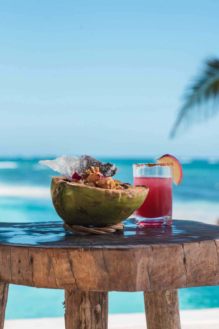Prepared raw meal and cocktail at Roca Restaurant | Papaya Playa Project