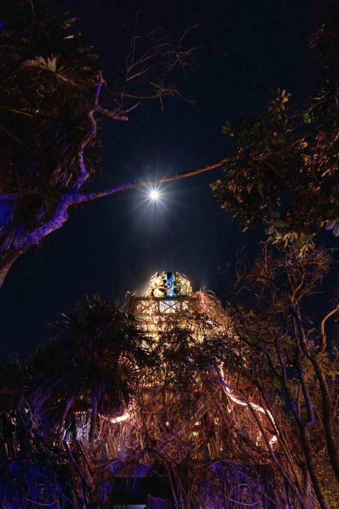 Nighttime view of Star Collector art installation at the Papaya Playa Project