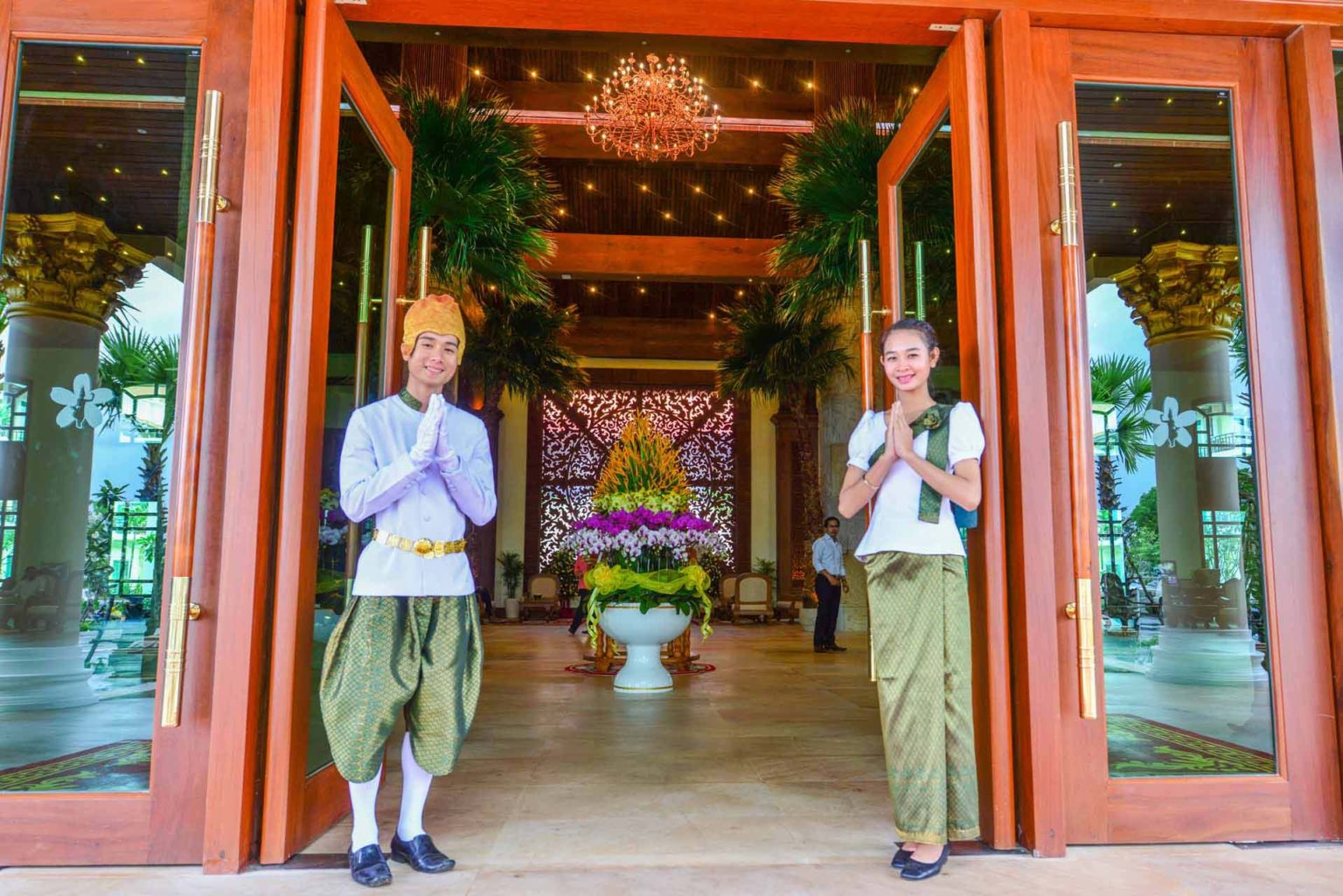 Staff greeters in traditional clothing at the main entrance of the Sokha Siem Reap Resort