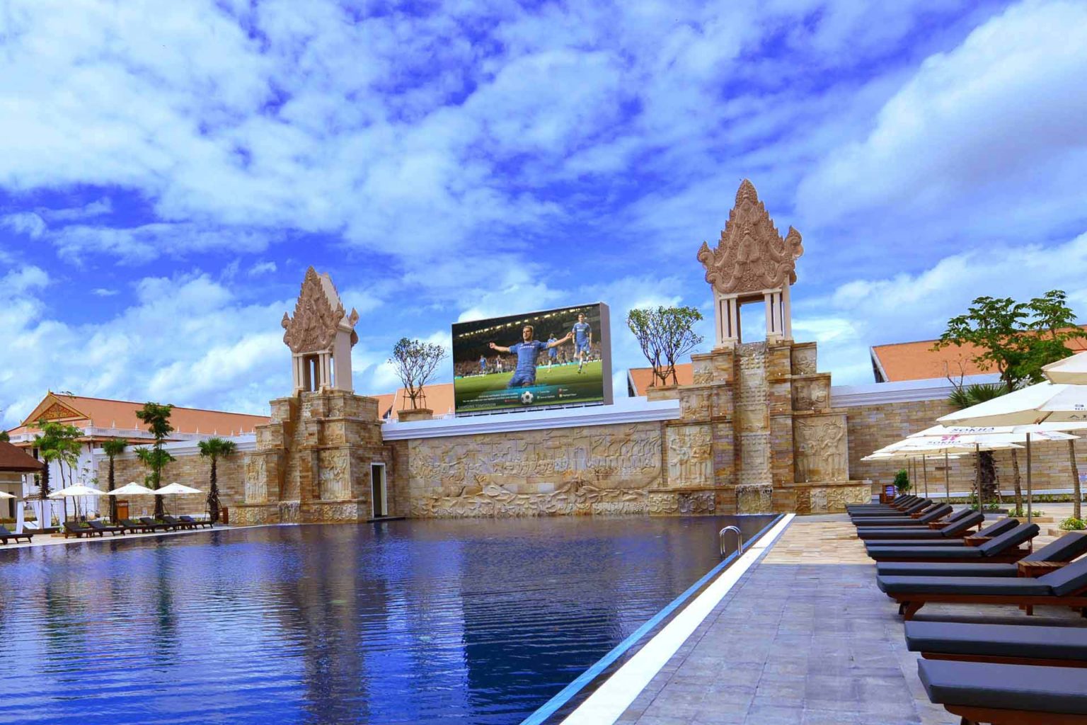 Sokha Siem Reap Resort salt water swimming pool and jumbo TV screen