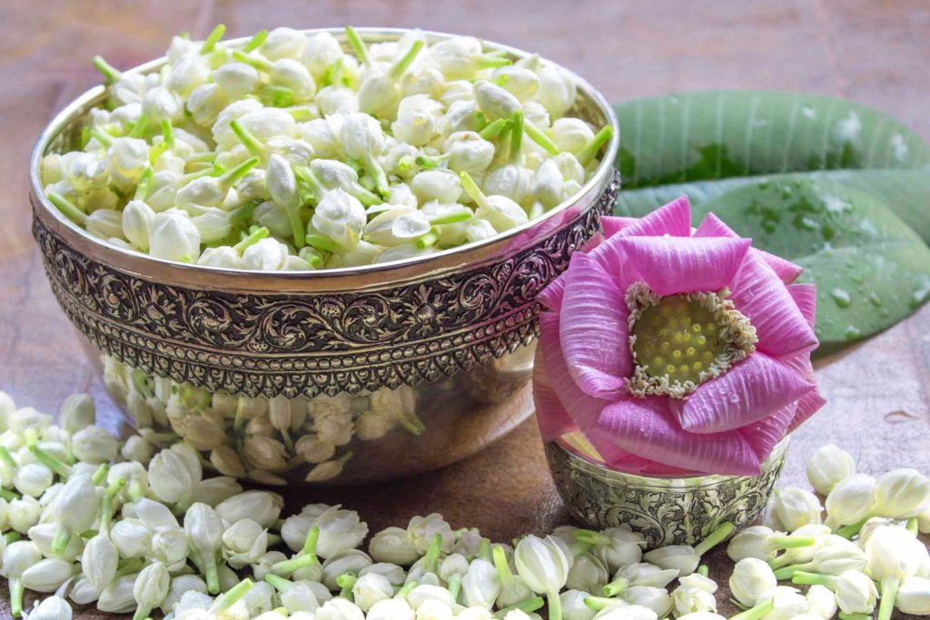 Bowls of flower petals at the Sokha Siem Reap Resort Spa