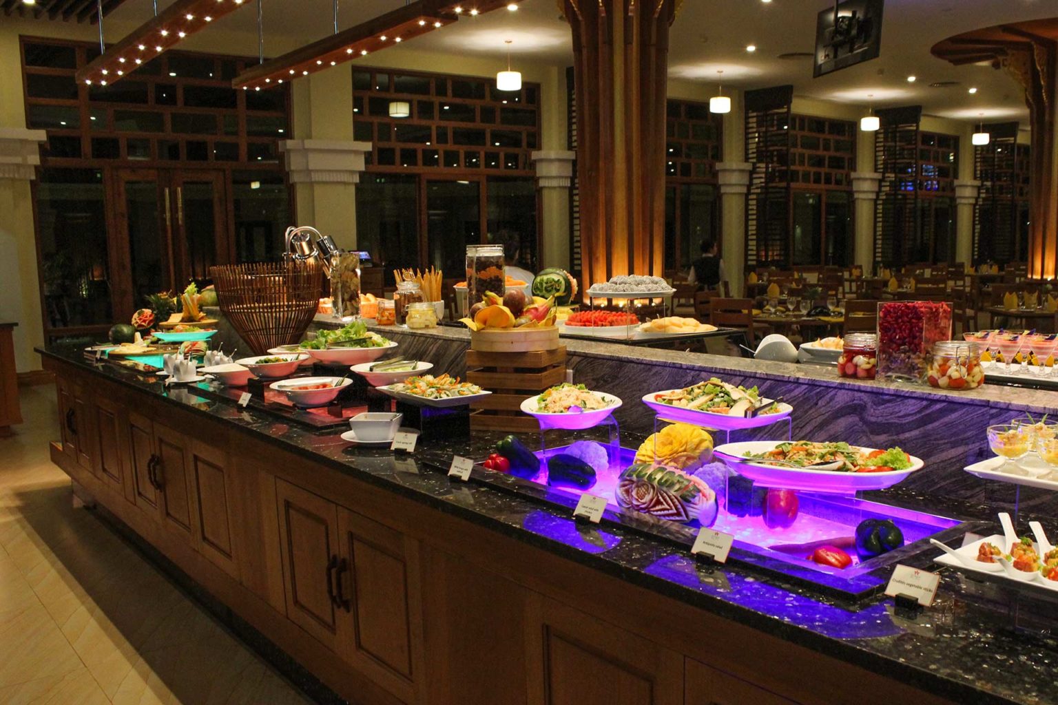 Buffet lined with a variety of foods at Tumeric Restaurant of the Sokha Siem Reap Resort