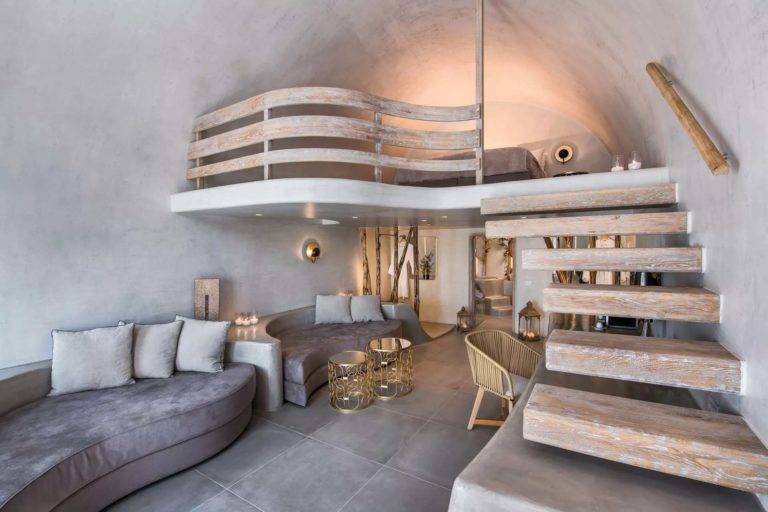 Suite Grand Cave con dormitorio tipo loft, sala de estar y estación de trabajo | Suites de lujo Athina