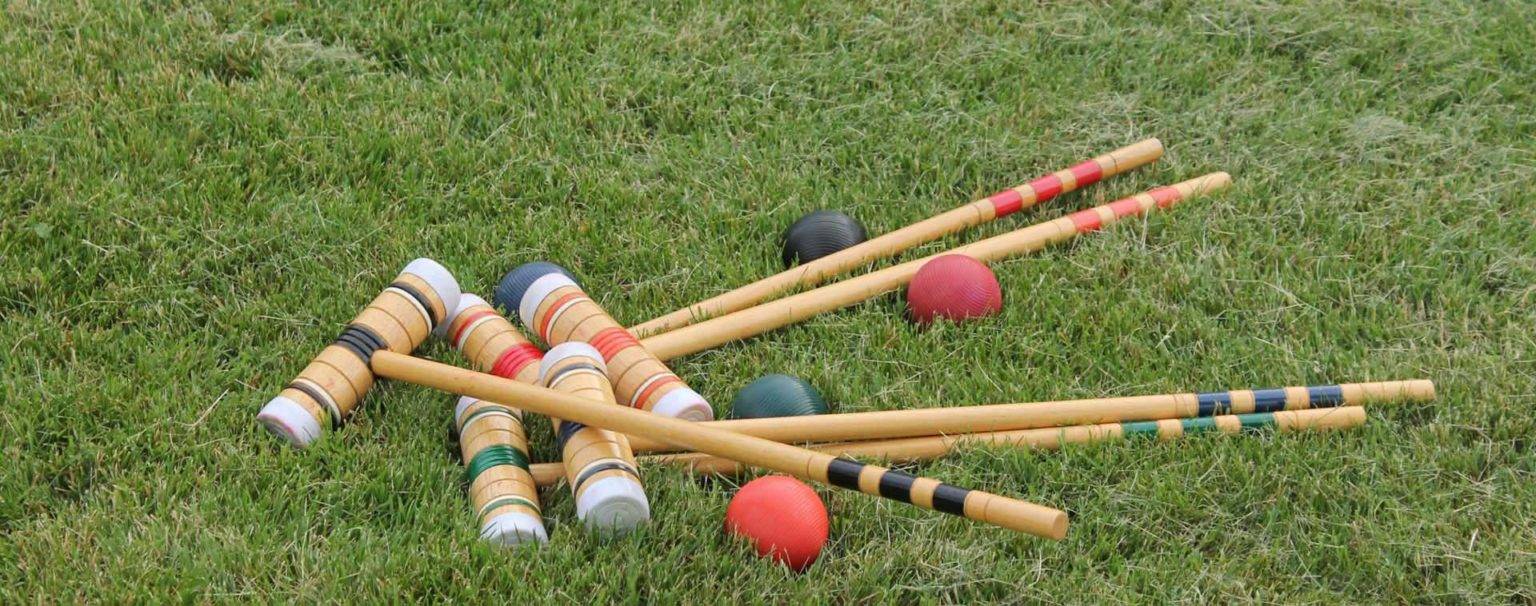 Croquet set and balls on a lawn at Bovey Castle