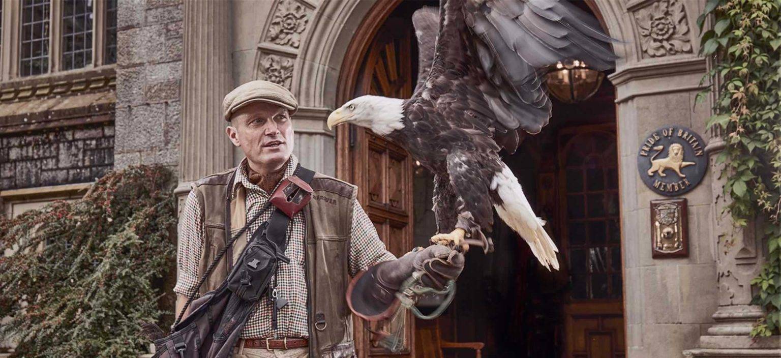 Falconer holding an eagle in front of Bovey Castle