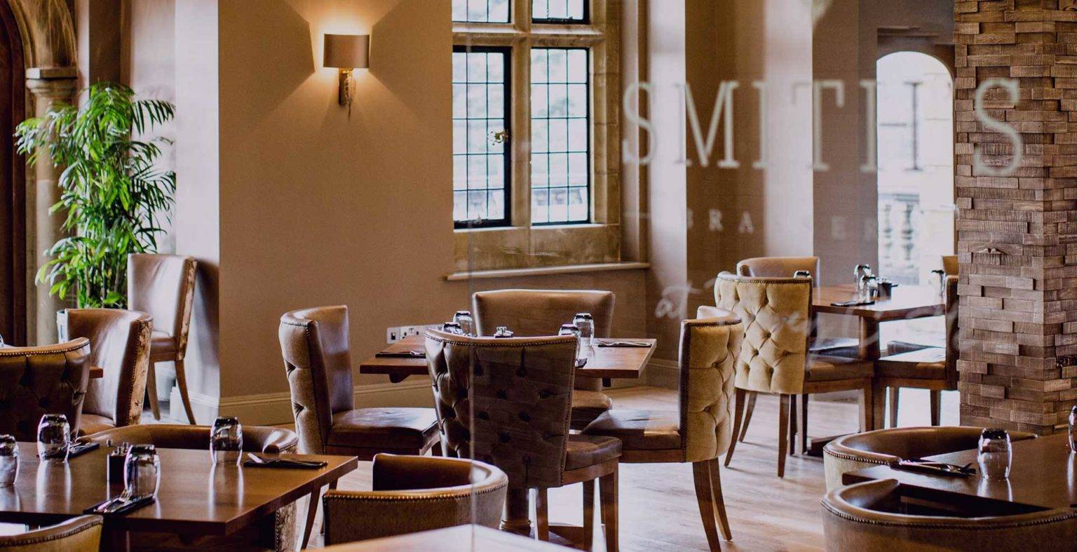 Set restaurant dining tables at Smith's Brasserie at Bovey Castle