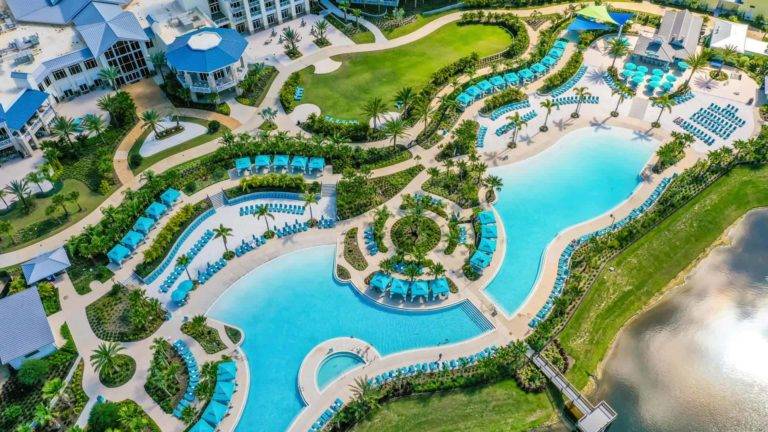Margaritaville Resort Orlando bird’s eye view of Fins Left and Fins Right pools