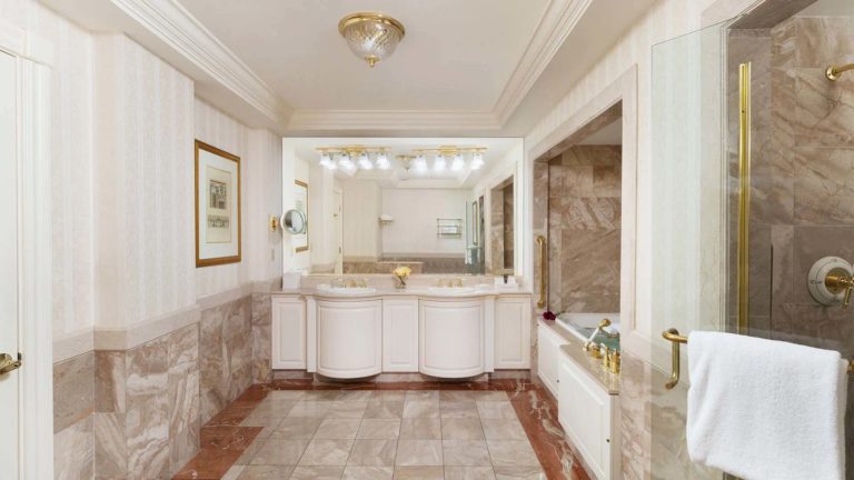 Chateau Junior Suite - European inspired bathroom with separate shower, tub, and double vanity | Nemacolin