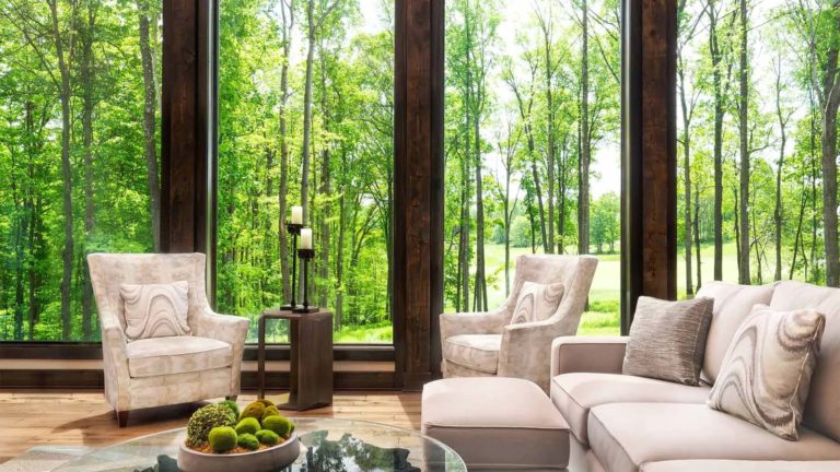 The Estates Dogwood - Living room with comfortable seating and large windows | Nemacolin