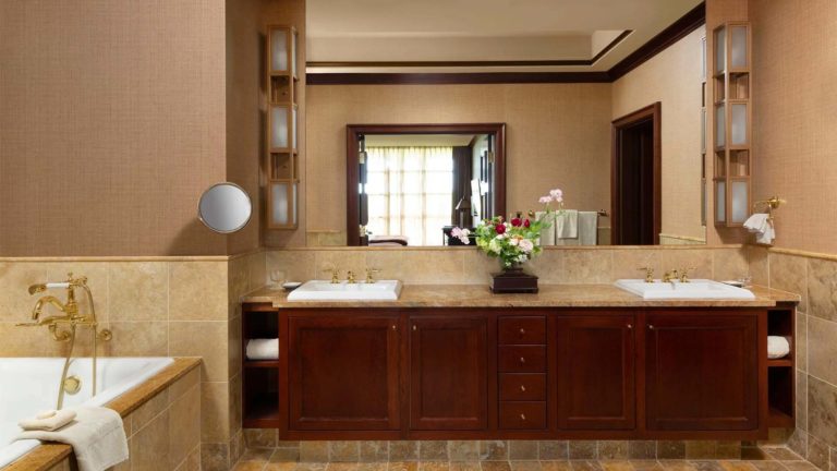 Falling Rock Suite - Contemporary style bathroom with separate tub and double vanity | Nemacolin