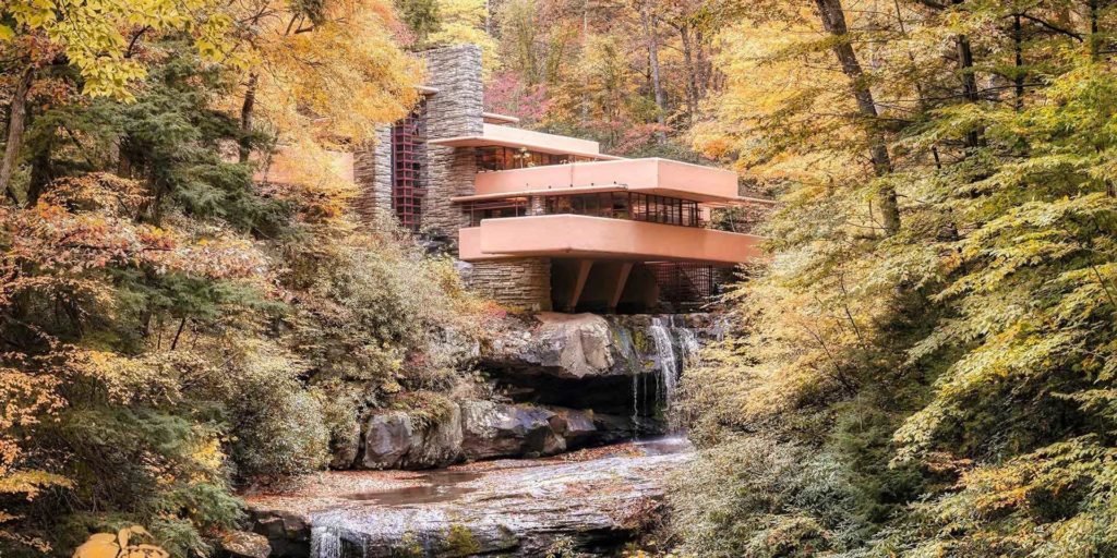 Exterior view of the Falling Water house designed by Frank Lloyd Wright in autumn