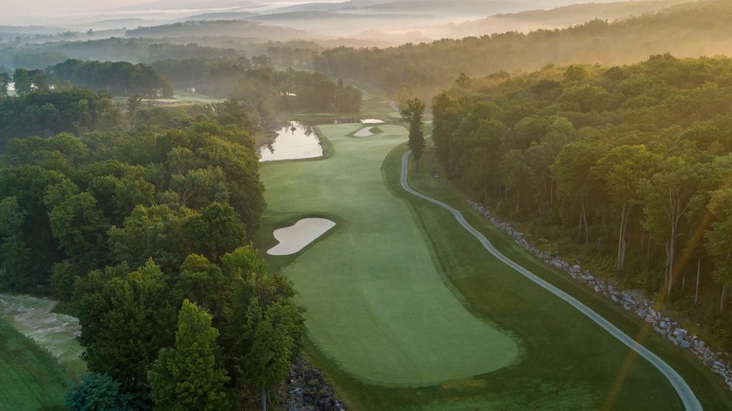 Aerial view of Nemacolin golf course at sunrise.