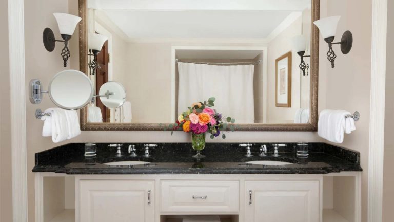 Lodge room - bathroom with double vanity and large mirror | Nemacolin