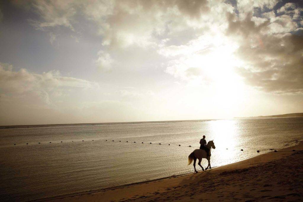 El hombre monta a caballo en la playa al atardecer | Shanti Maurice Resort & Spa