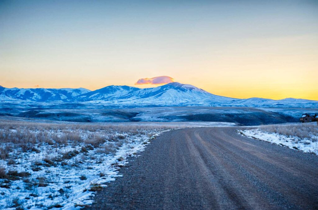 Snow covered mountains at sunset near Belt, Montana