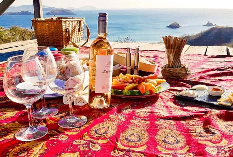 Picnic gourmet con vino, queso y plato de frutas con vista al mar en Casa Chameleon Las Catalinas