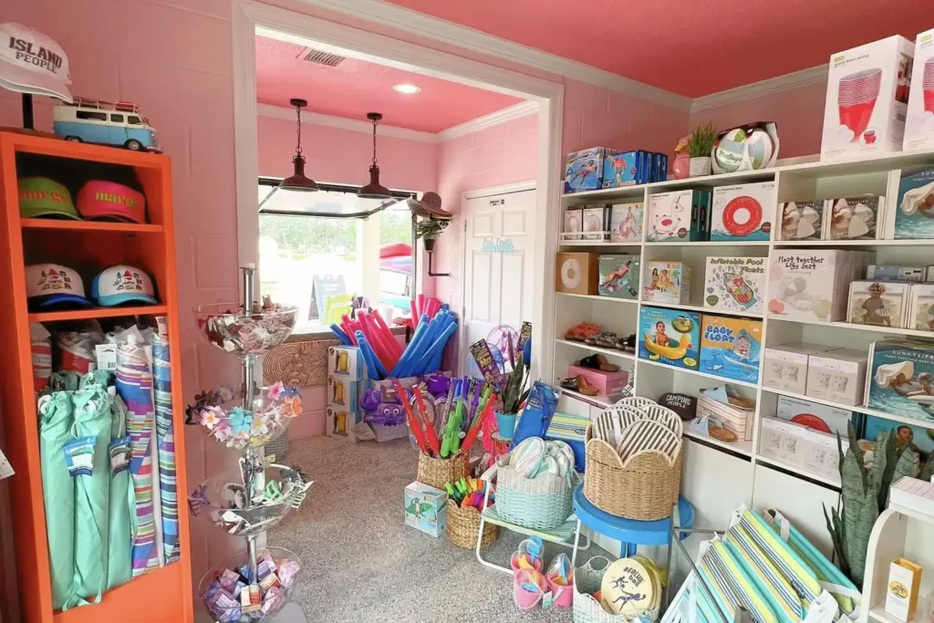 Pool items for sale inside The Sun Shack at Island Oaks